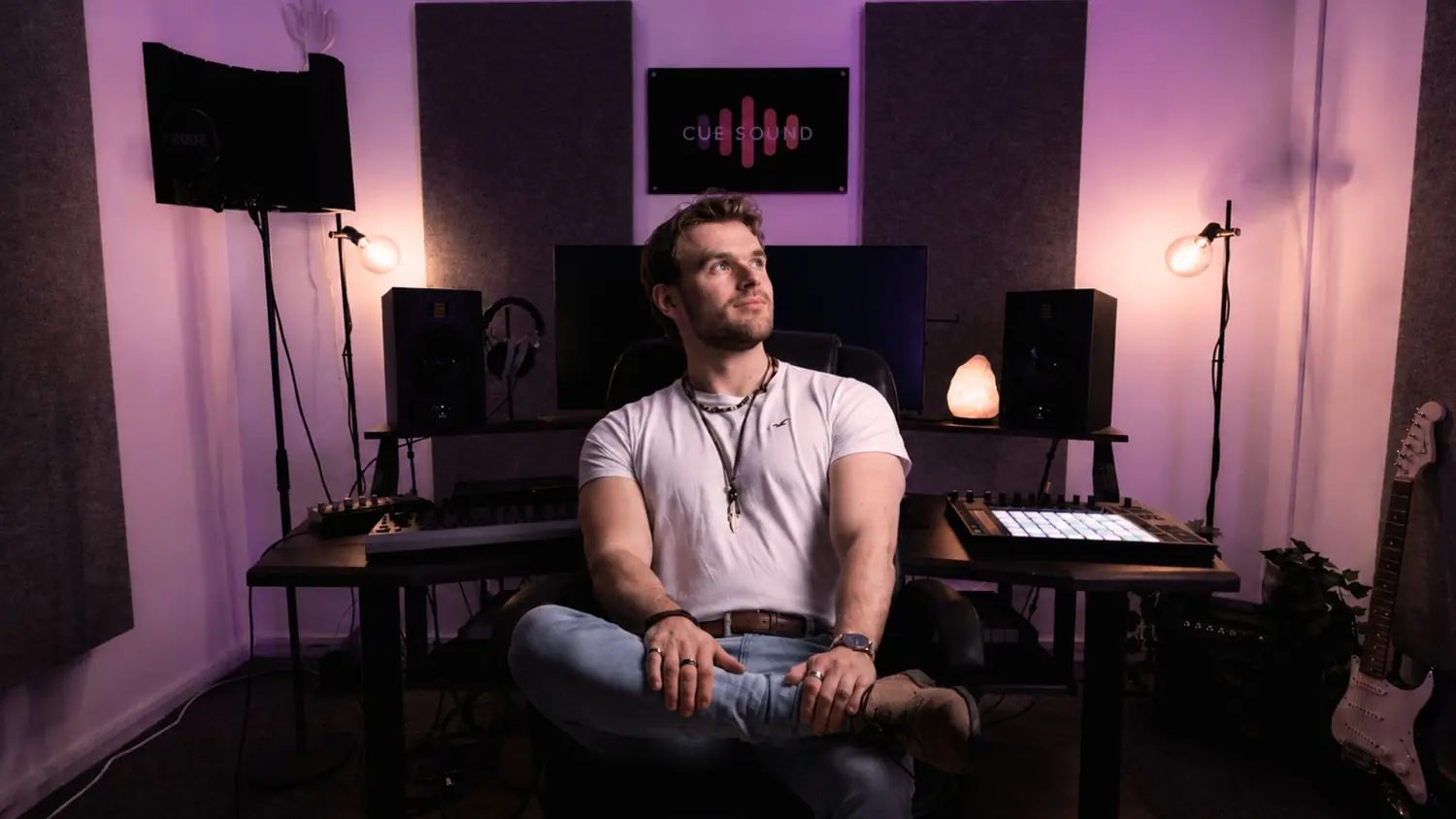 Laurentius sitting in his recording studio CUE Sound in Zwolle